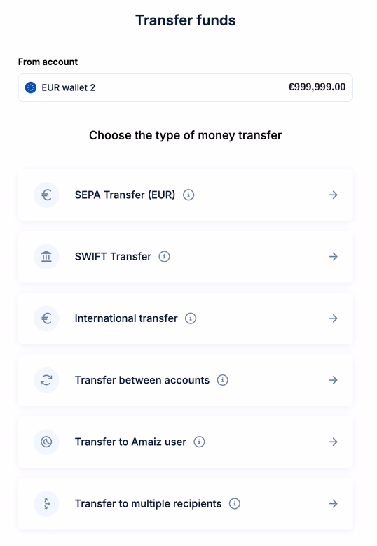 Choosing a transfer type in the Amaiz dashboard